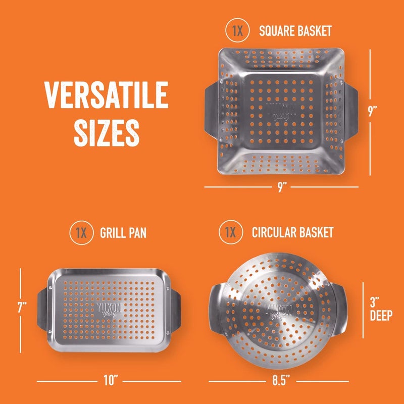 Yukon Glory 3-Piece Mini Grill Basket Set, Perforated Stainless Steel Vegetable BBQ Baskets With Grill Pan Topper, Square & Round, Dishwasher Safe - Image 3
